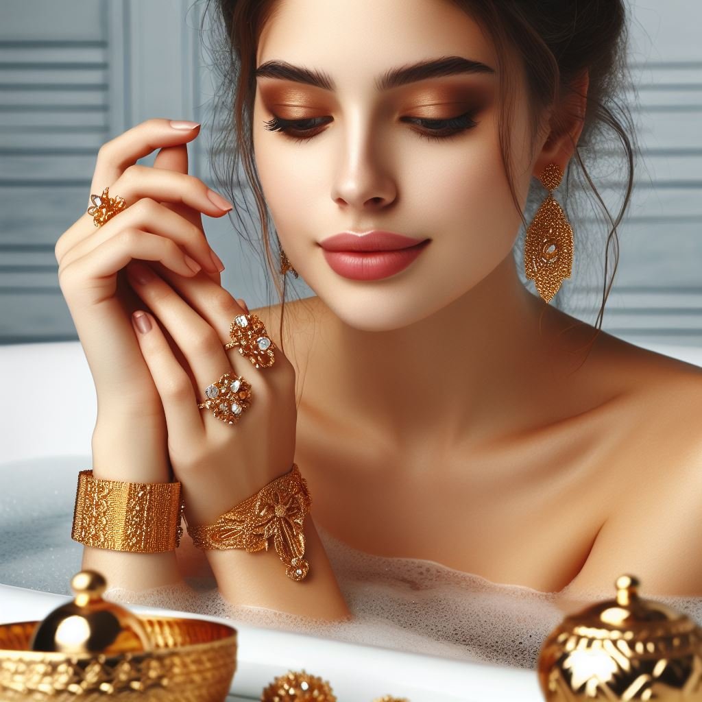 women gold jewelry wear in the shower during bath